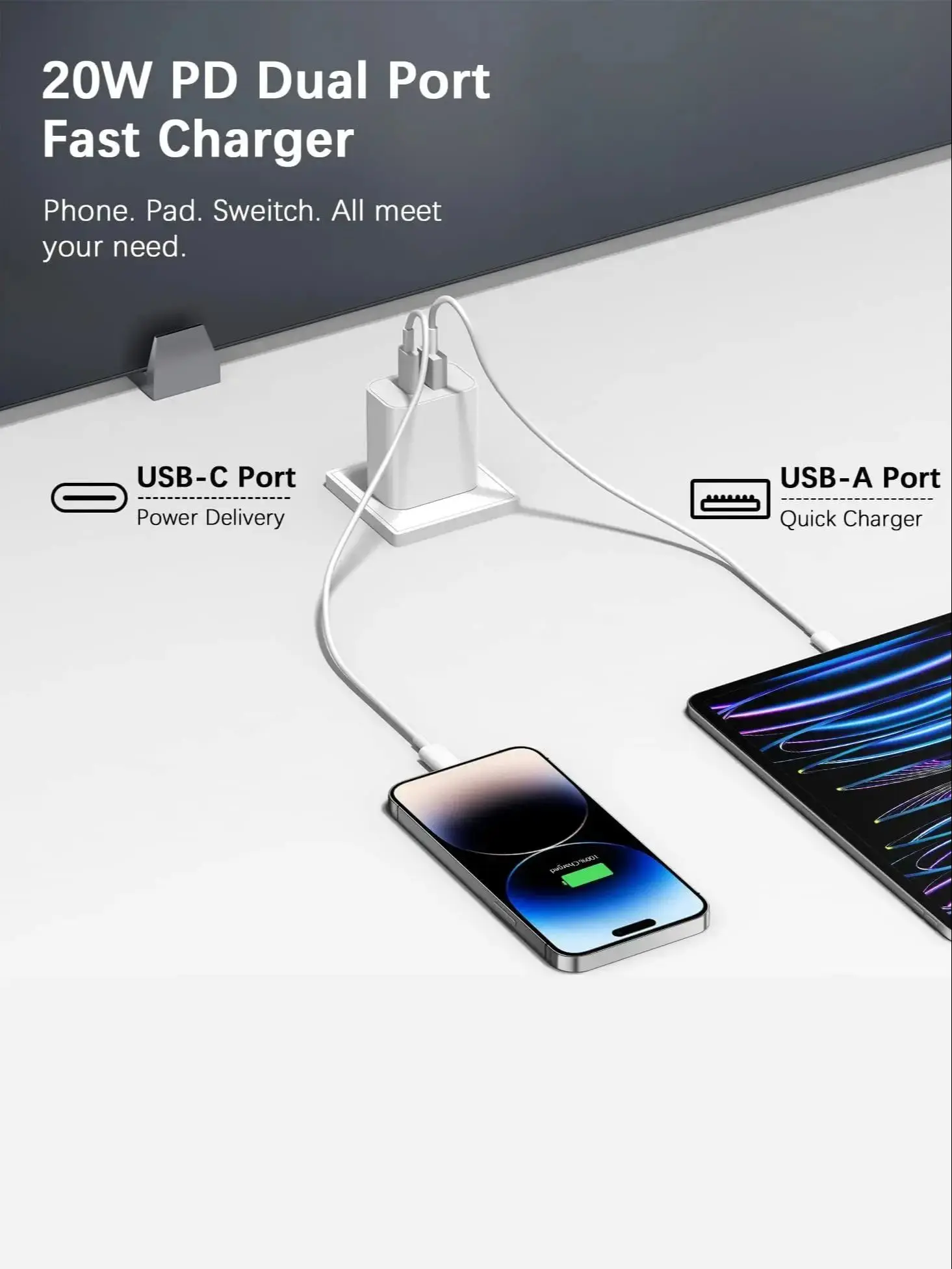 20W Dual USB Wall Charger with 6FT Type-C Cable – PD Fast Charging Block for iPhone & Android Devices - Image 3