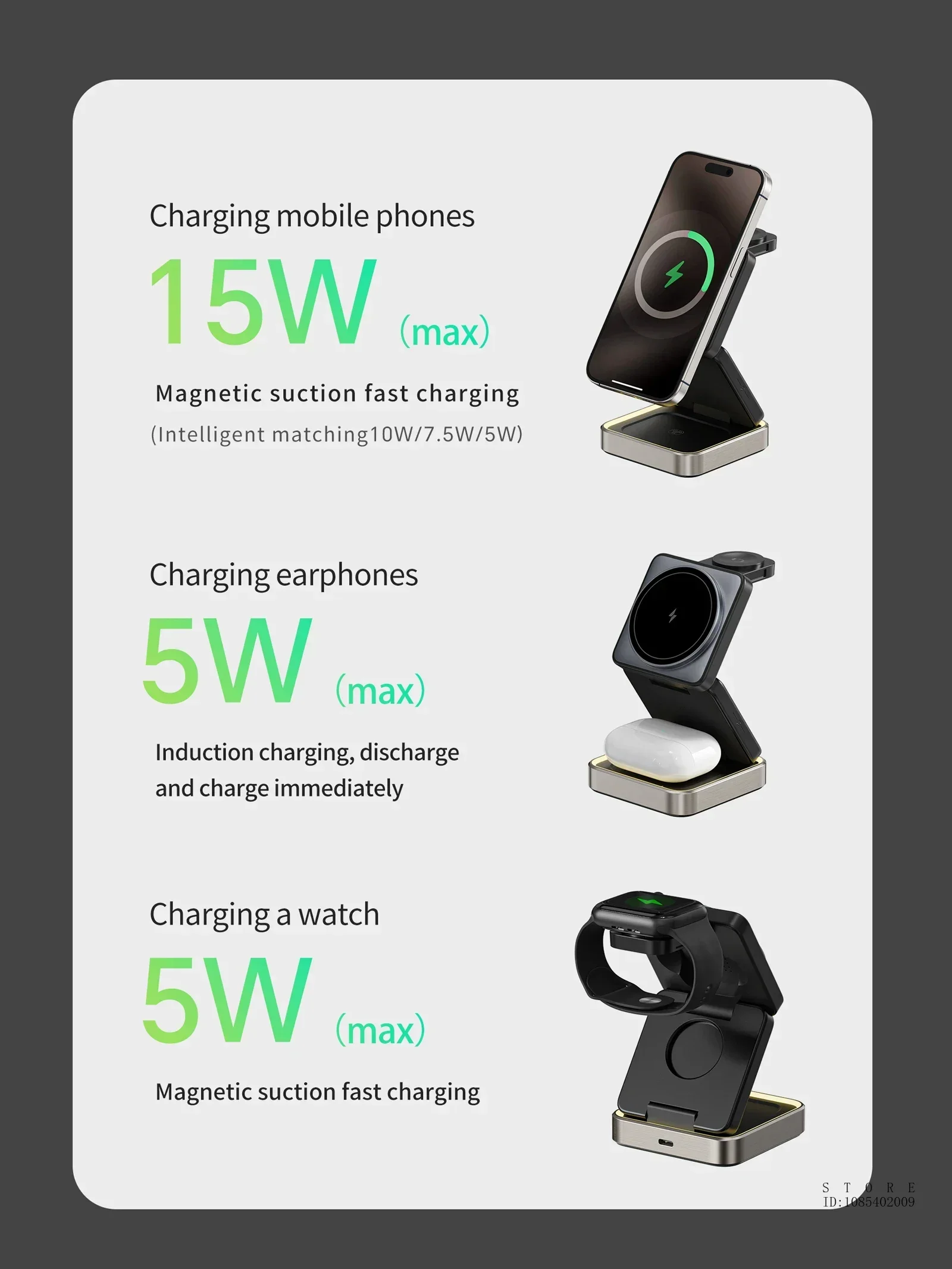 Magnetic 3-in-1 Folding Wireless Charger β Fast Charging Dock for iPhone 12β15, Apple Watch & TWS Earbuds - Image 12