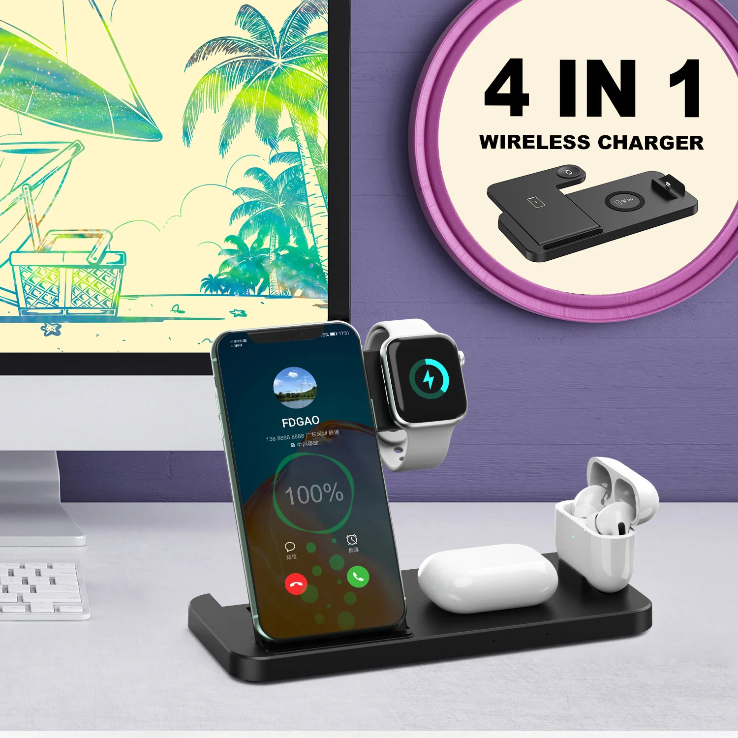 Fdgao 15W 4-in-1 Wireless Charging Station – Fast Desktop Charger for Phone, Apple Watch & AirPods - Image 7
