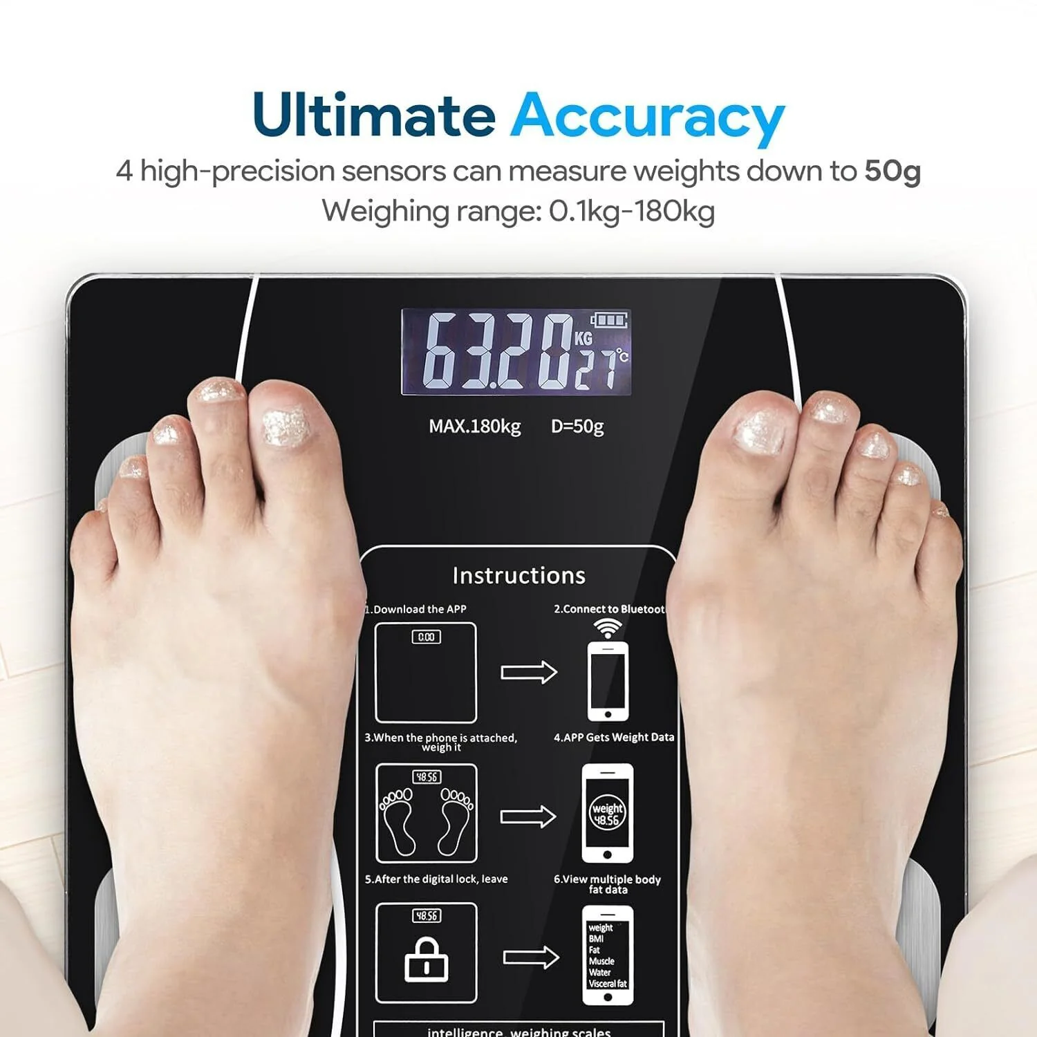 Smart Digital Body Weight Scale with Bluetooth & Backlit Display – High Precision Bathroom Scale - Image 5