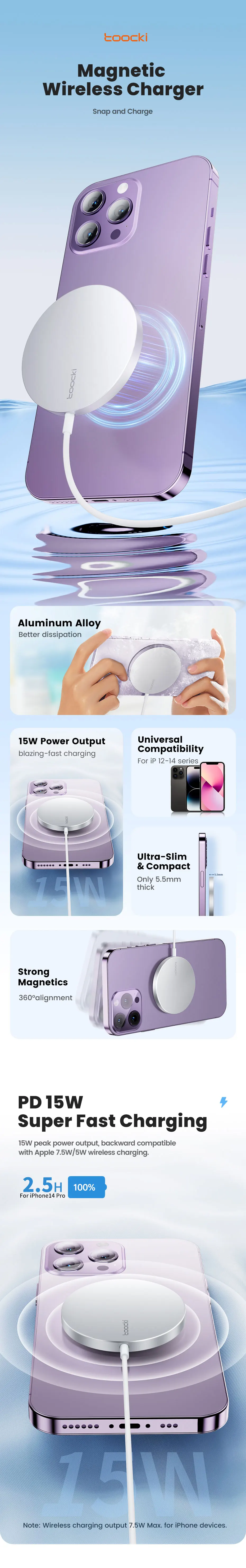 Toocki Magnetic Wireless Charger 15W – Fast & Reliable Charging for iPhone 15/14 Pro Max/Mini - Image 7
