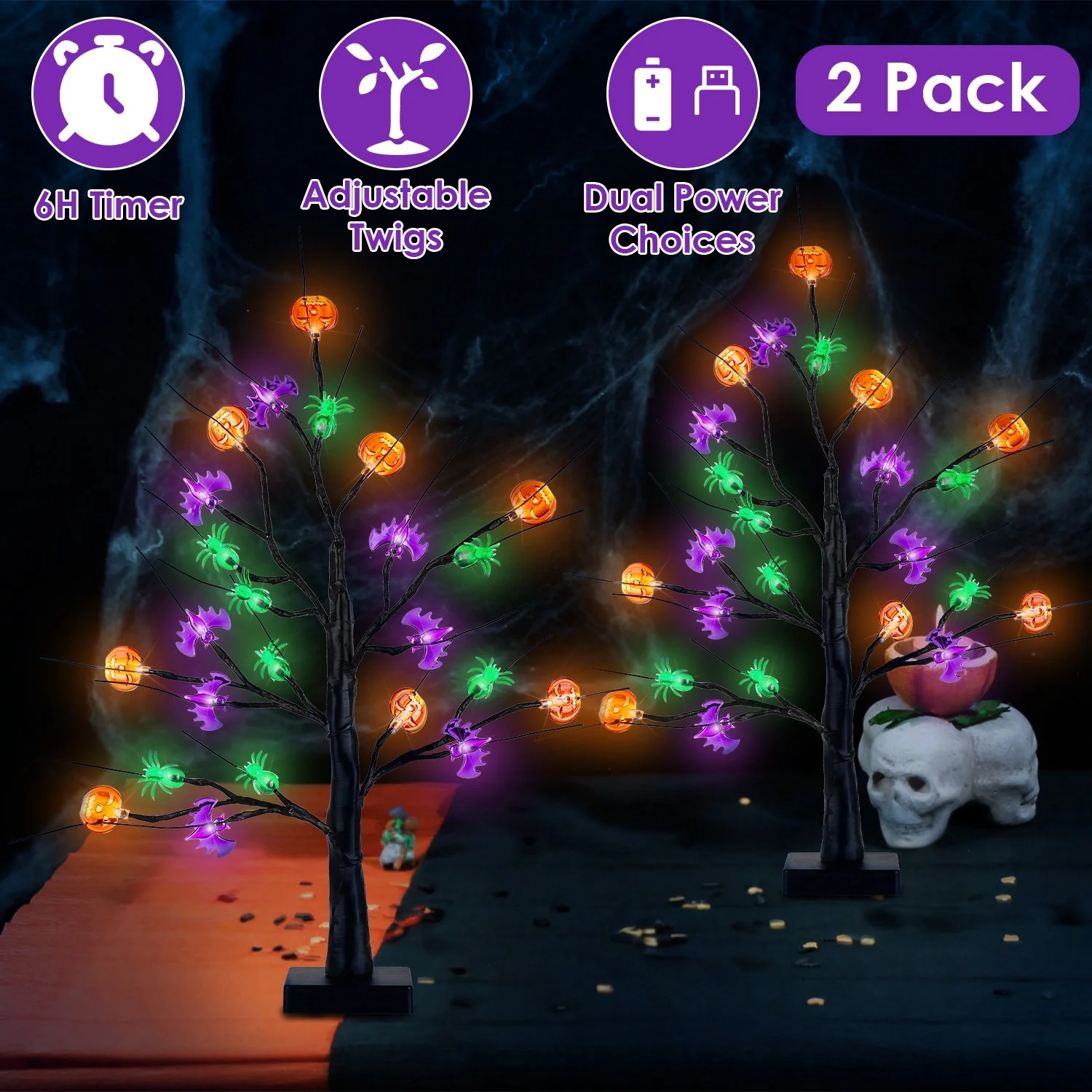 2-Pack 1.97ft Lighted Halloween Tree Decor
