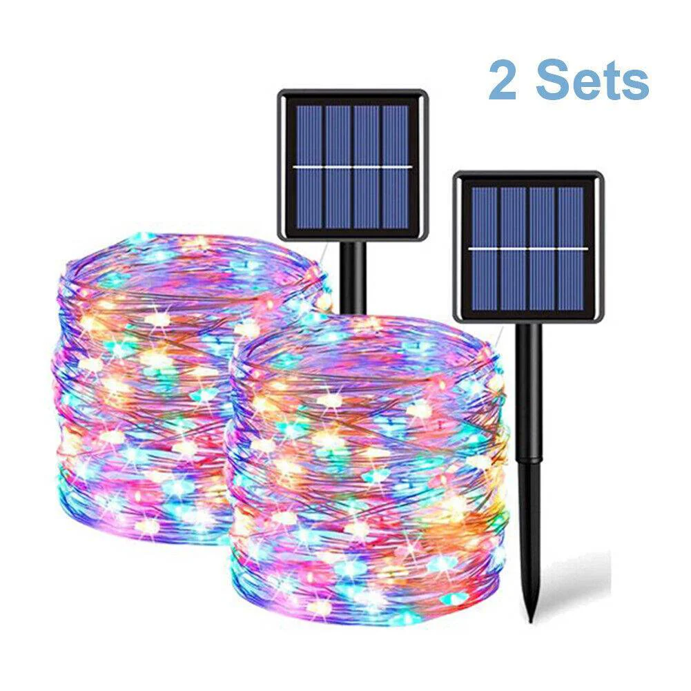 Set of 2 66ft Solar Fairy String Lights, 200 LED Copper Wire, Colorful